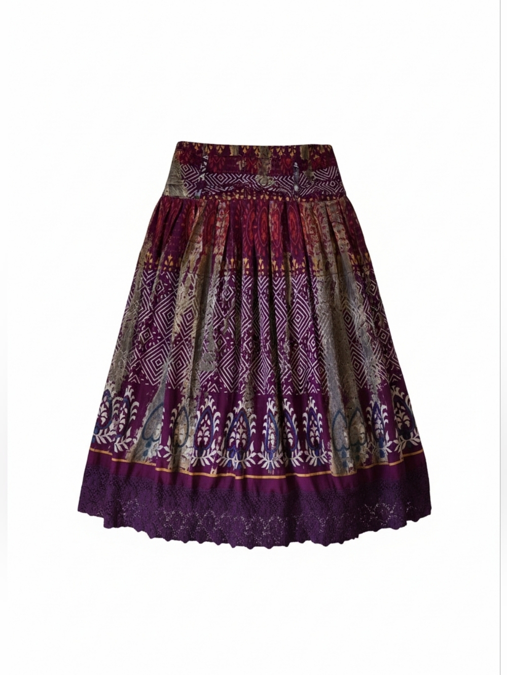 Mix Nouveau NY Bohemian Purple Print Crochet Midi Skirt Double Lined Size Med